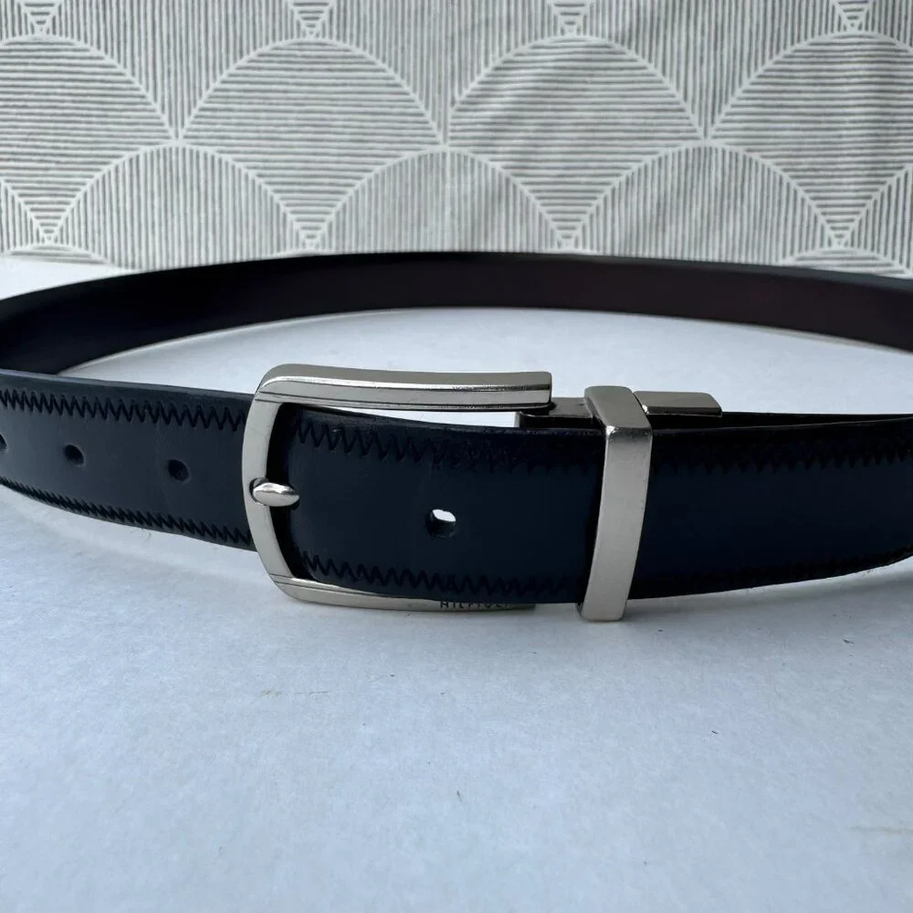 Tommy Hilfiger Black Leather Belt Silver Buckle Men Size‎ 40